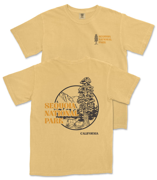a yellow t-shirt with a graphic design depicting a tree and mountains, along with the text "SEQUOIA NATIONAL PARK" and "CALIFORNIA" printed on it.