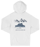 A white hooded sweatshirt with a graphic design depicting a cabin and mountains in the background, along with the text "Grand Teton National Park".