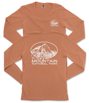 a long-sleeved orange t-shirt with a graphic design featuring a mountain and the text "Rochester Mountain National Park" printed on it.
