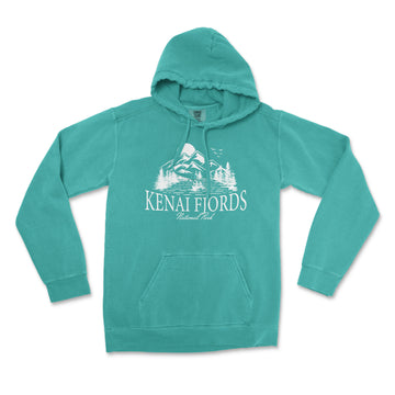 a teal sweatshirt with a picture of kenai fjord on it