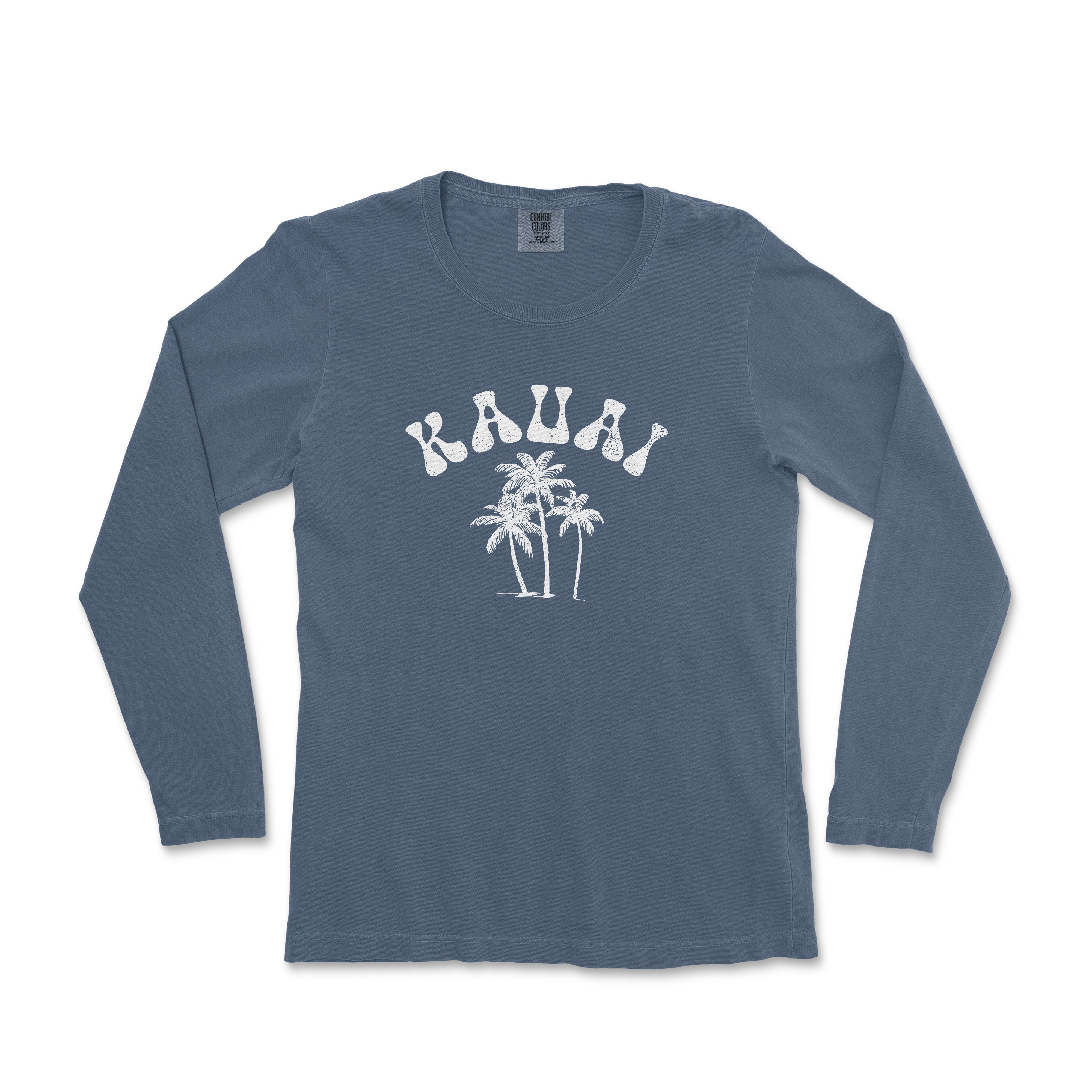 a blue long sleeve shirt with palm trees and the words hawaii on it