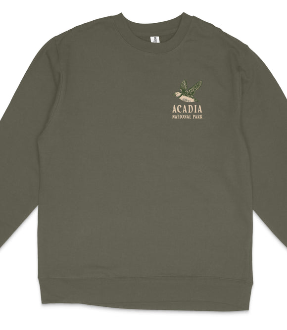 A dark green long-sleeved shirt with a graphic design on the left side, depicting a bird and the text "ACADIA NATIONAL PARK".