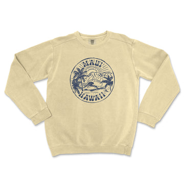 a cream sweatshirt with a blue and white logo