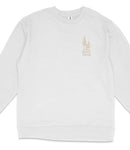 A white long-sleeved shirt with a graphic design on the left side.