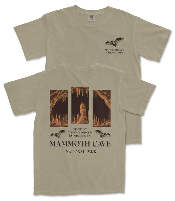The image is a t-shirt design featuring a collage of three images depicting the Mammoth Cave National Park in Kentucky.