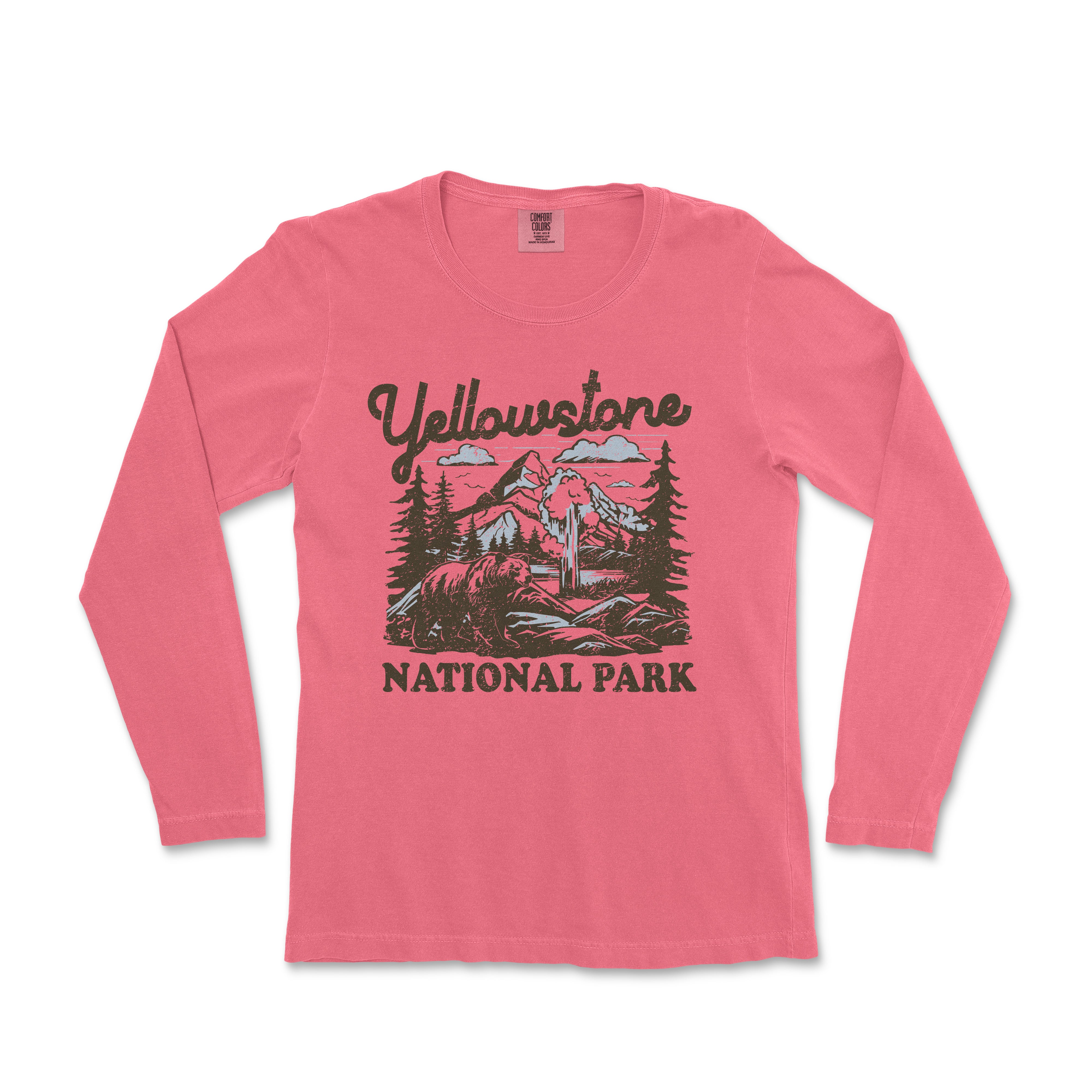 a women's long sleeve shirt with the yellowstone national park logo