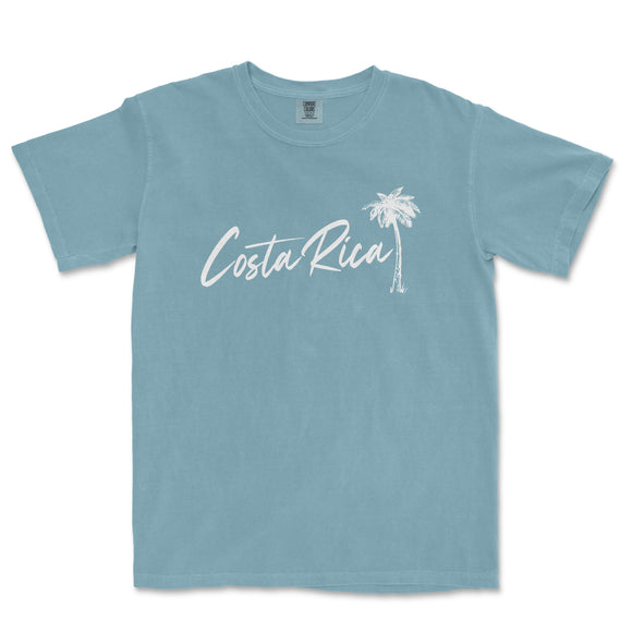 a blue shirt that says costa rica with a palm tree