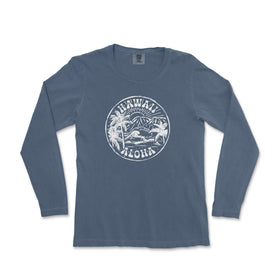 a blue long - sleeved shirt with an image of a mountain and palm trees