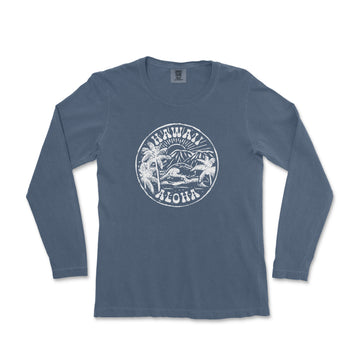 a blue long - sleeved shirt with an image of a mountain and palm trees