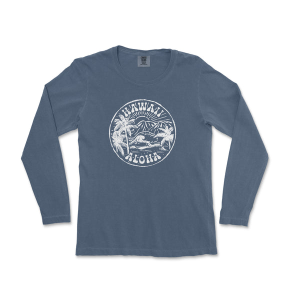 a blue long - sleeved shirt with an image of a mountain and palm trees