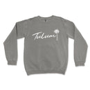 a grey sweatshirt with the word tulum written in white