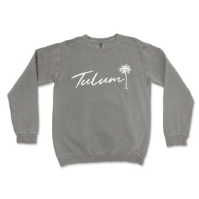 a grey sweatshirt with the word tulum written in white