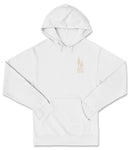 A white hoodie with a logo on the front.