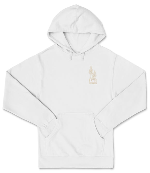A white hoodie with a logo on the front.