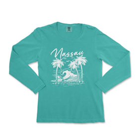 a women's long sleeve shirt with a graphic of a wave and palm trees