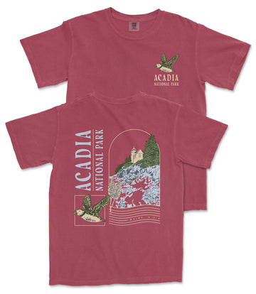 A red t-shirt with a graphic design depicting a scenic landscape with a mountain, trees, and a bird. The text on the t-shirt reads "ACADIA NATIONAL PARK" and "MAINE" is also visible.