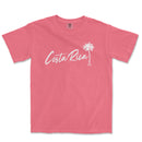 a pink t - shirt with a palm tree and the word costa rica in white
