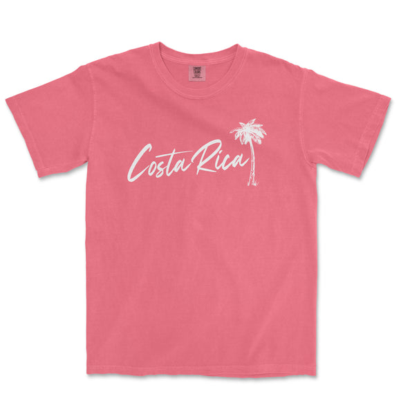 a pink t - shirt with a palm tree and the word costa rica in white