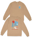 a tan sweatshirt with a graphic design on the back, depicting a mountain landscape with a red sun and blue sky.