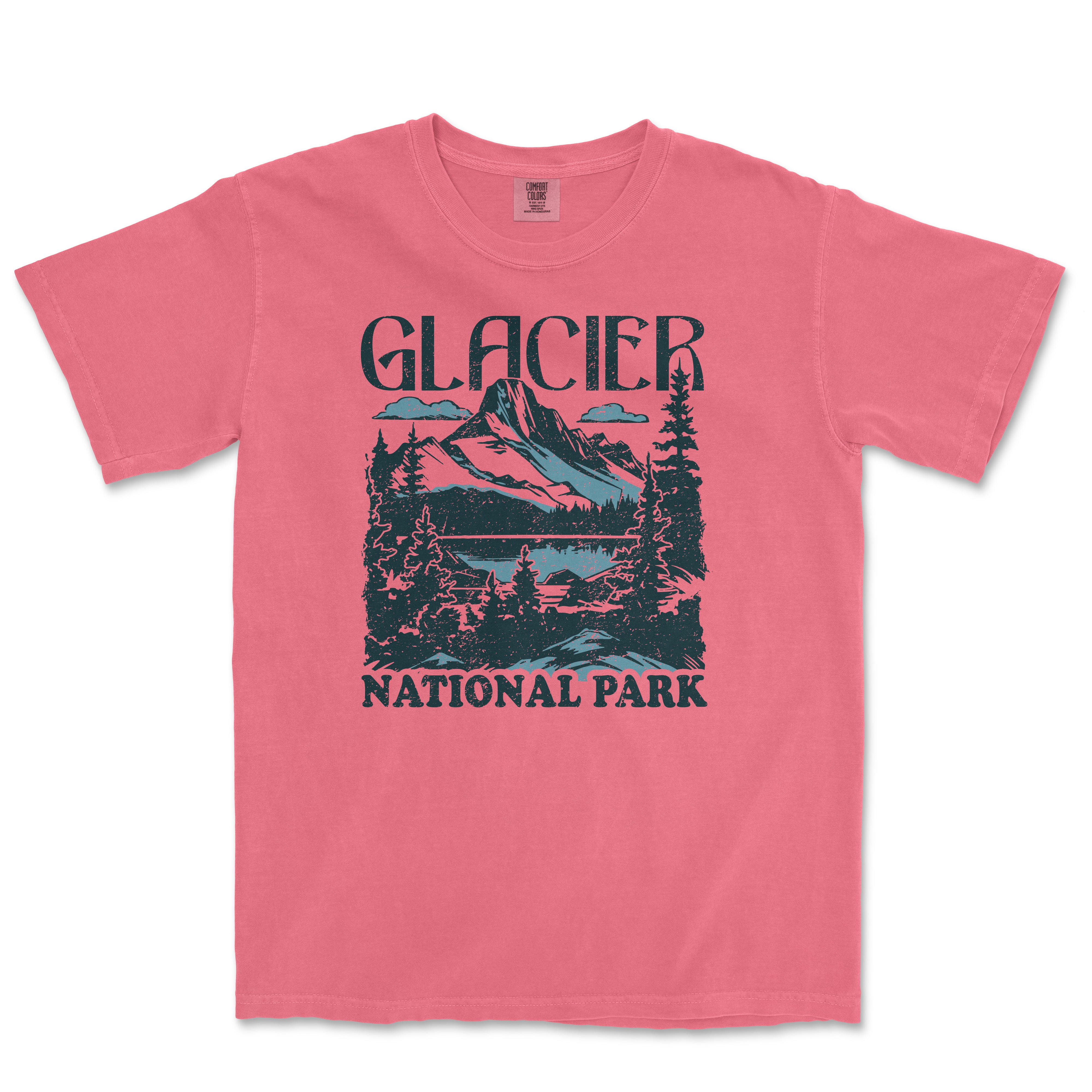 a pink t - shirt with a picture of a mountain