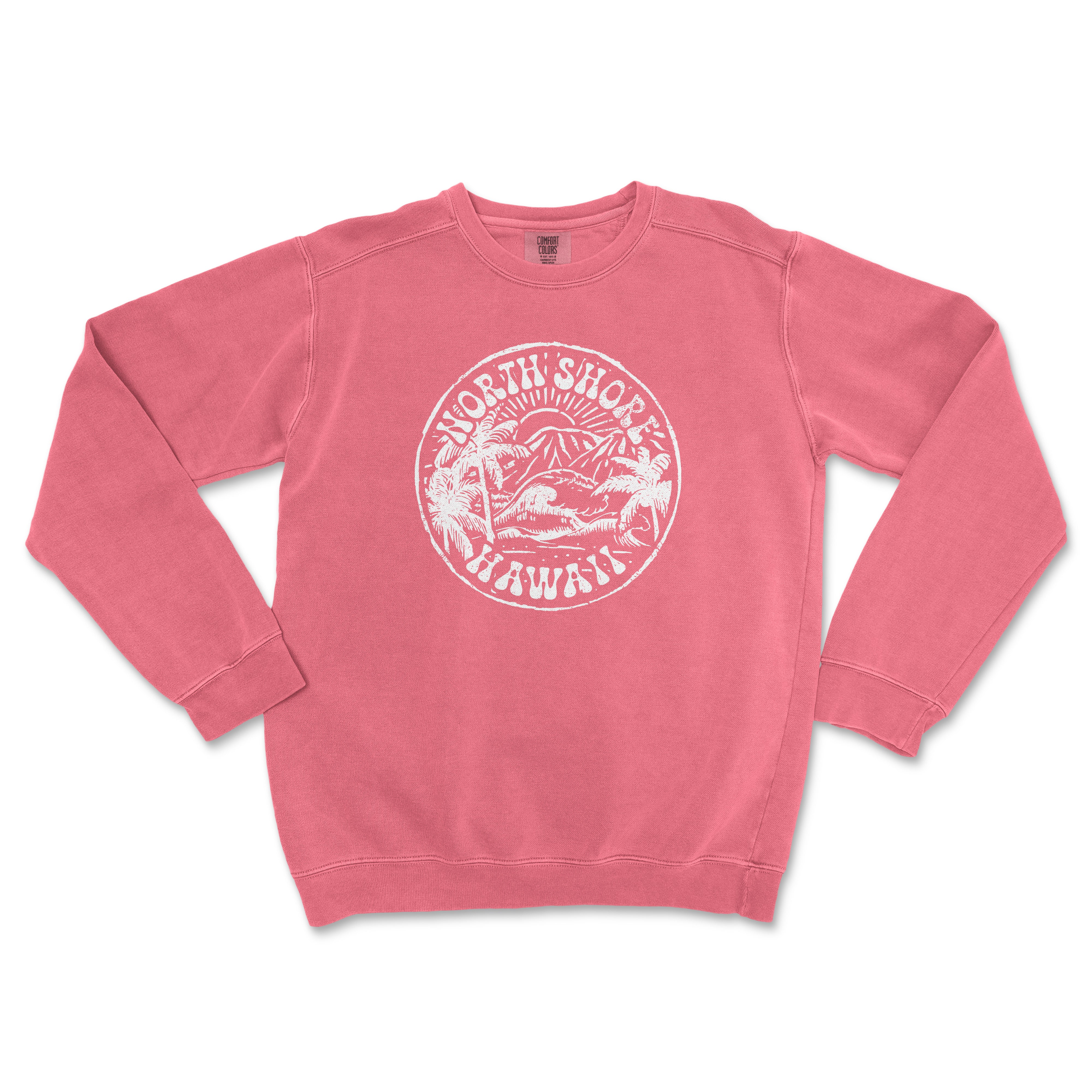 a pink sweatshirt with a white logo on it