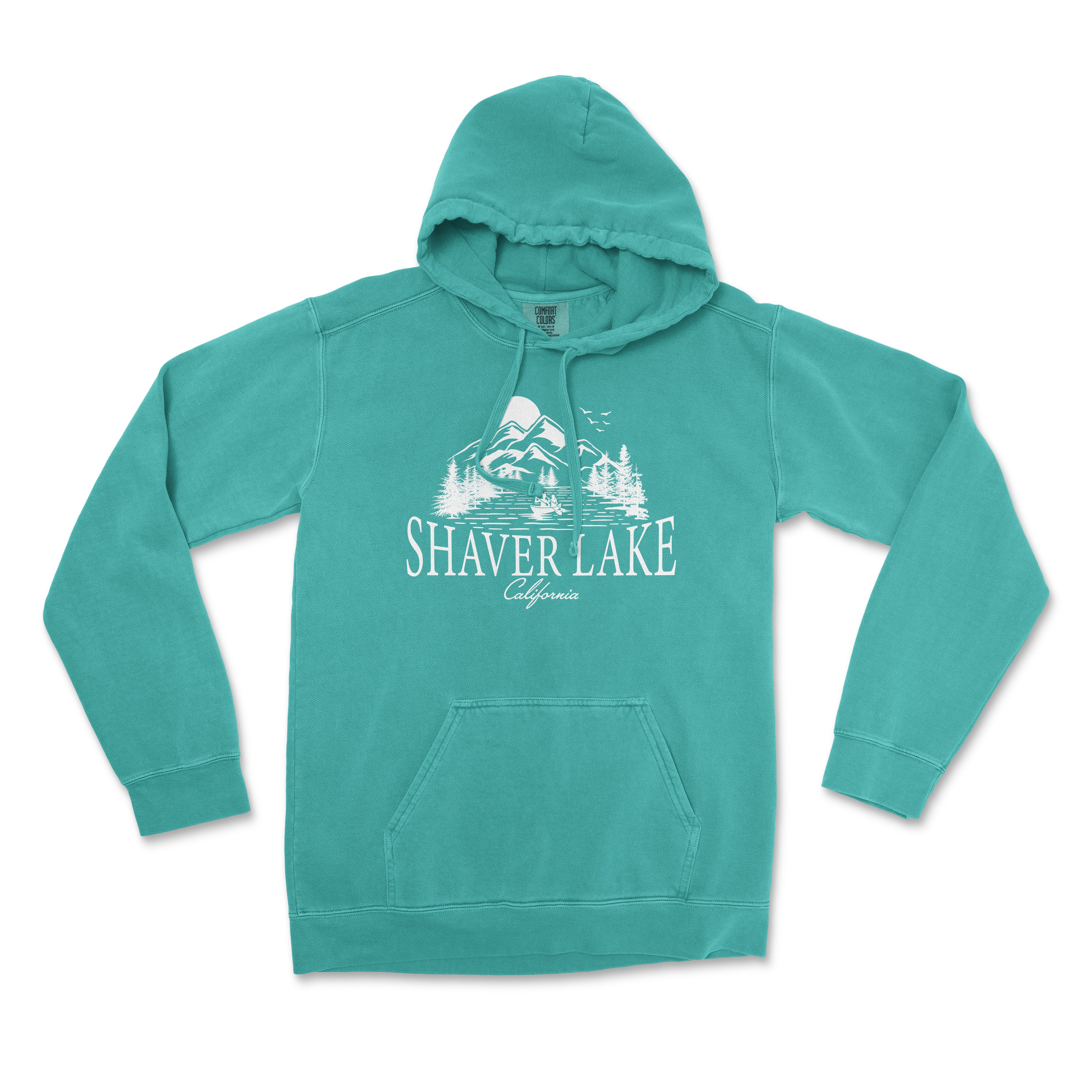 a green hoodie with a picture of a lake and mountains