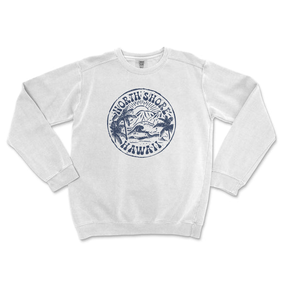 a white sweatshirt with a blue print on it