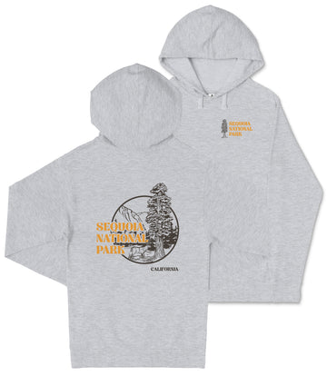 A grey hooded sweatshirt with a graphic design featuring a tree and mountains, along with text that says "SEQUOLE NATIONAL PARK CALIFORNIA".