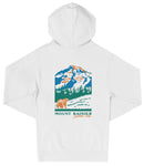 A white hooded sweatshirt with a graphic design depicting a mountain landscape with a bear in the foreground.
