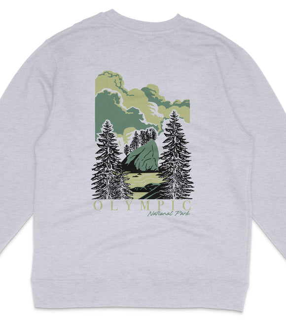 A gray sweatshirt with a graphic design depicting a forest scene with pine trees and a mountain in the background, along with the text "OLYMPIC National Park".