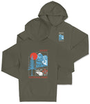 A grey hooded sweatshirt with a graphic design featuring a mountain landscape, a sun, and a tree.