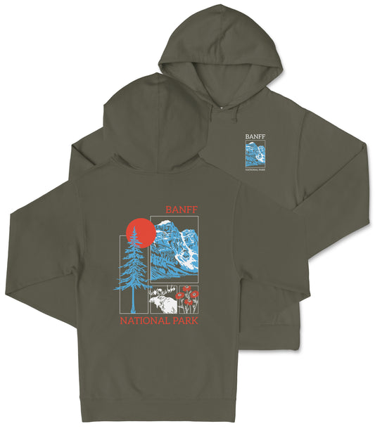 A grey hooded sweatshirt with a graphic design featuring a mountain landscape, a sun, and a tree.
