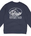 A navy blue sweatshirt with a white graphic design depicting a mountain and the text "Pocy Mountain National Park" printed on it.