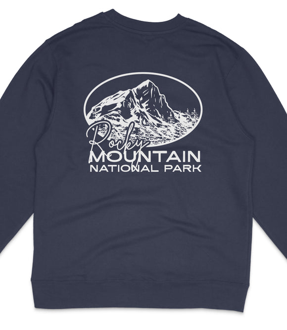 A navy blue sweatshirt with a white graphic design depicting a mountain and the text "Pocy Mountain National Park" printed on it.
