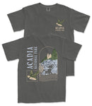 a gray t-shirt with a graphic design depicting a scenic view of Acadia National Park, including a mountain, trees, and a bird.