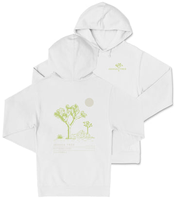A white hooded sweatshirt with a graphic design depicting a desert landscape with a tree and a moon.