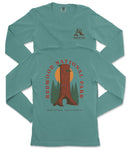 A long-sleeved teal-colored t-shirt with a graphic design featuring a redwood tree and the text "REDWOOD NATIONAL PARK NORTHERN CALIFORNIA".