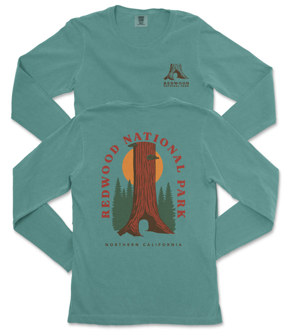 A long-sleeved teal-colored t-shirt with a graphic design featuring a redwood tree and the text "REDWOOD NATIONAL PARK NORTHERN CALIFORNIA".