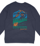 A dark blue sweatshirt with a graphic design depicting a mountain landscape with a bear in the foreground.