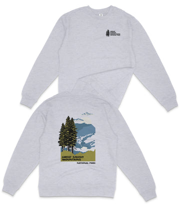 a gray sweatshirt with a graphic design depicting a mountain landscape with pine trees and a mountain range.