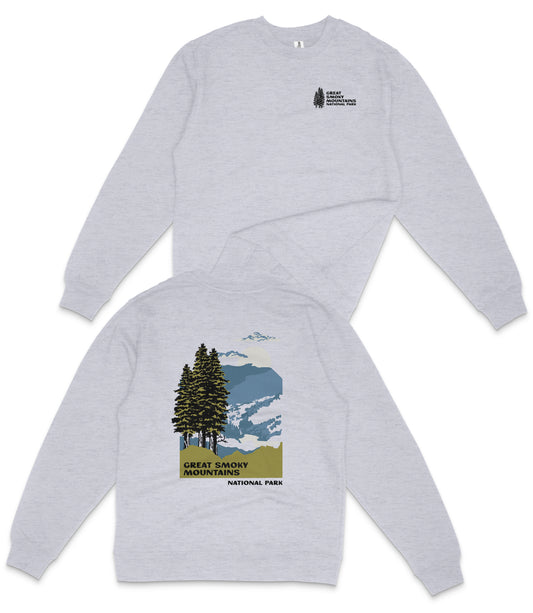 a gray sweatshirt with a graphic design depicting a mountain landscape with pine trees and a mountain range.