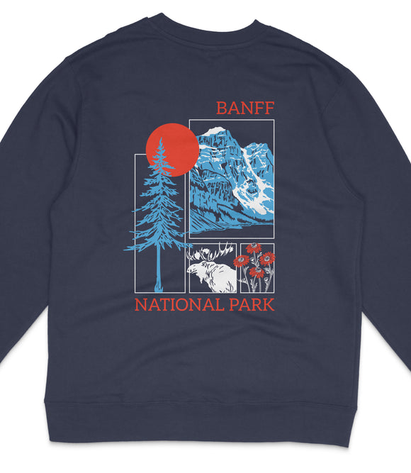 The image is a graphic design featuring a mountain landscape with a sun, pine trees, and a moose, all set against a dark blue background.