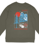 A grey sweatshirt with a graphic design featuring a red sun, a blue mountain, a white moose, and a red flower.