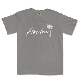 a gray shirt with the word aruba written in white