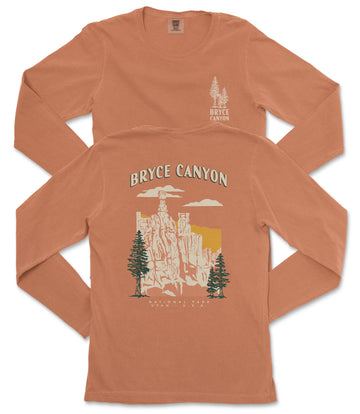a long-sleeved orange t-shirt with a graphic design depicting Bryce Canyon National Park.