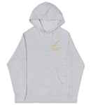 A gray hooded sweatshirt with a graphic design on the left side.
