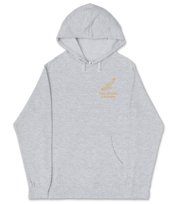 A gray hooded sweatshirt with a graphic design on the left side.