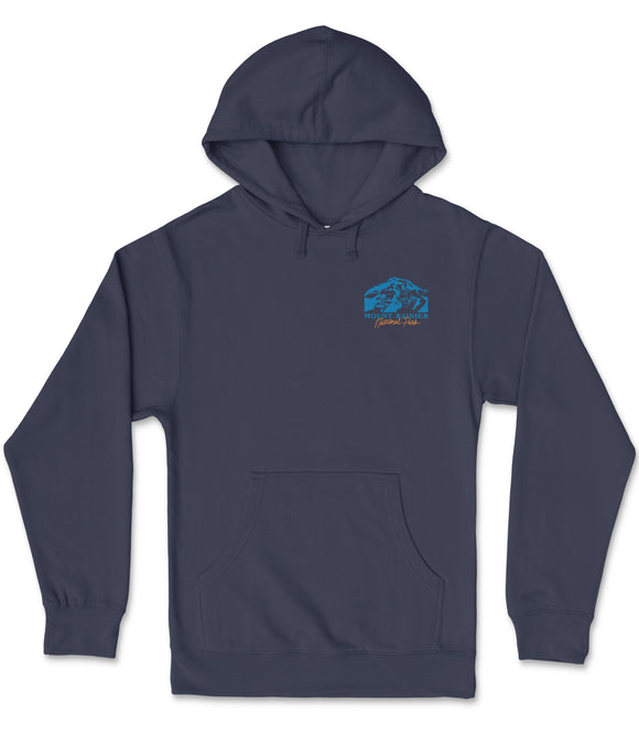 A navy blue hooded sweatshirt with a graphic design on the left side.