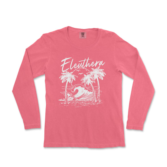 a women's pink long sleeve shirt with a graphic of a wave and palm