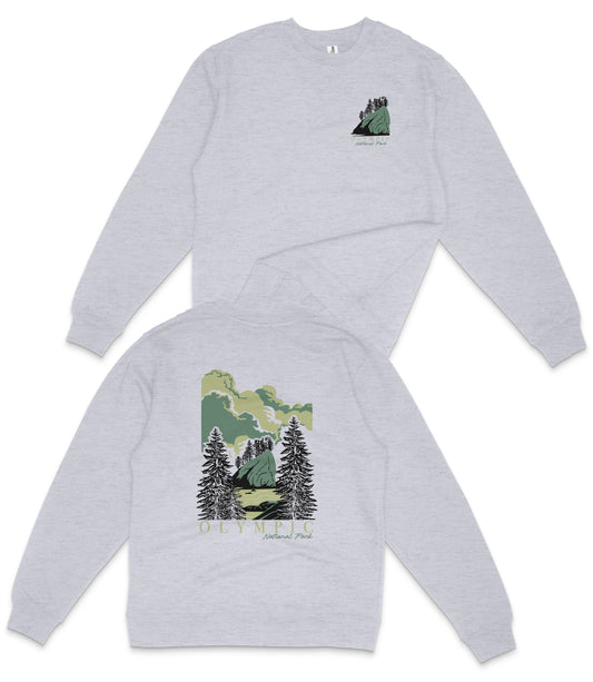 a gray sweatshirt with a graphic design depicting a forest scene with trees and a mountain in the background.